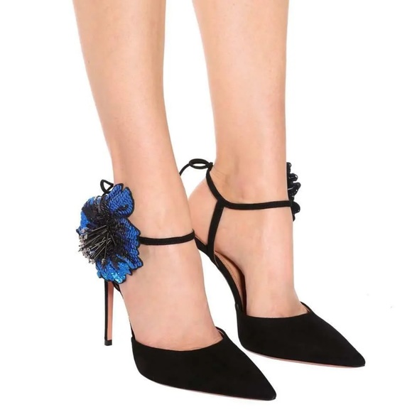 ‼️Price Firm‼️ AQUAZZURA DISCO FLOWER 105 SUEDE PUMPS IN BLACK BLUE SIZE 41 - Picture 2 of 13
